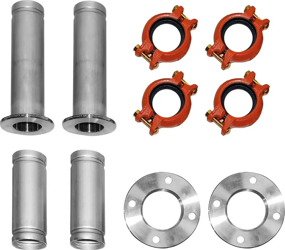 Montageset bestehend aus zwei länglichen Metallrohren, vier roten Rohrschellen und zwei flachen Metallflanschen, geeignet für Bosch Solewärmepumpen.